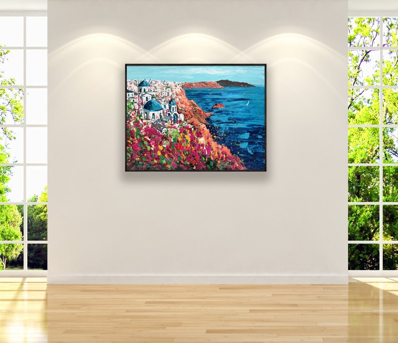 Santorini Painting on Canvas, Original Painting, Greece Painting, Seascape Painting, Impressionist Art, Living Room Wall Art, Large Wall Art image 3