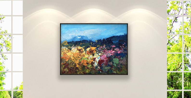 Landscape painting, original oil painting on canvas hanging on a modern wall