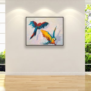 Peinture sur toile de perroquet, oeuvre d'art originale, peinture d'animal de compagnie, peinture d'oiseau, peinture animalière, peinture tropicale, décoration murale d'oiseau, art mural coloré image 3