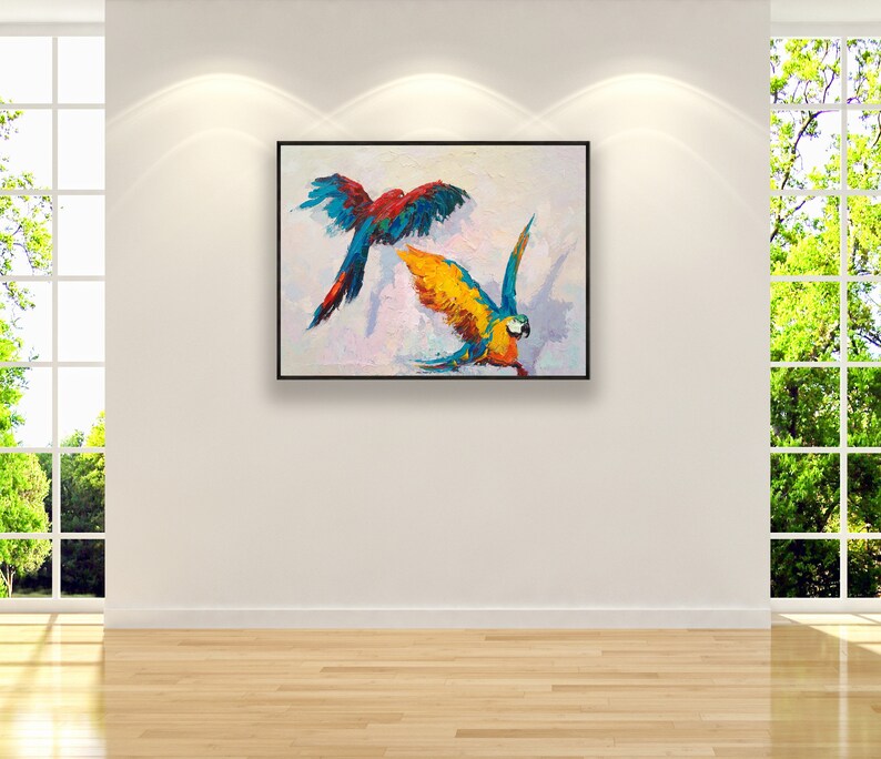 Peinture sur toile de perroquet, oeuvre d'art originale, peinture d'animal de compagnie, peinture d'oiseau, peinture animalière, peinture tropicale, décoration murale d'oiseau, art mural coloré image 3