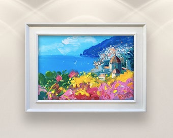 Dipinto originale ad olio di Positano, paesaggio marino impressionista della Costiera Amalfitana, Italia, decorazione murale.