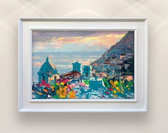 Sunset Positano Panting on Canvas, Original Art, View from Hotel Sirenuse, Italy Art, Amalfi Coast, Impressionist Art, Room Wall Art, Gift