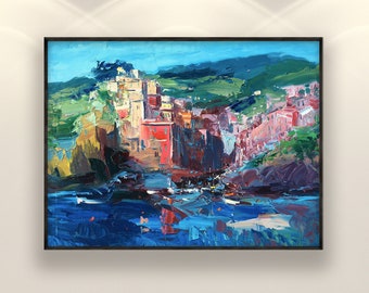 Peinture sur toile Riomaggiore, oeuvre d'art originale, Cinque Terre, peinture italienne, art mural côtier, art moderne, art de la salle de séjour, grande peinture