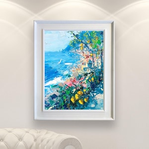 Positano Oil Painting on Canvas, Original Textured Coastal Artwork, Italian Seascape Wall Art, Modern Impressionist Living Room Decor, Gift