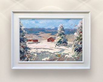 Neige, peinture sur toile, oeuvre d'art originale, peinture d'hiver, peinture de montagne, peinture de paysage, art impressionniste, oeuvre d'art murale, petite oeuvre d'art