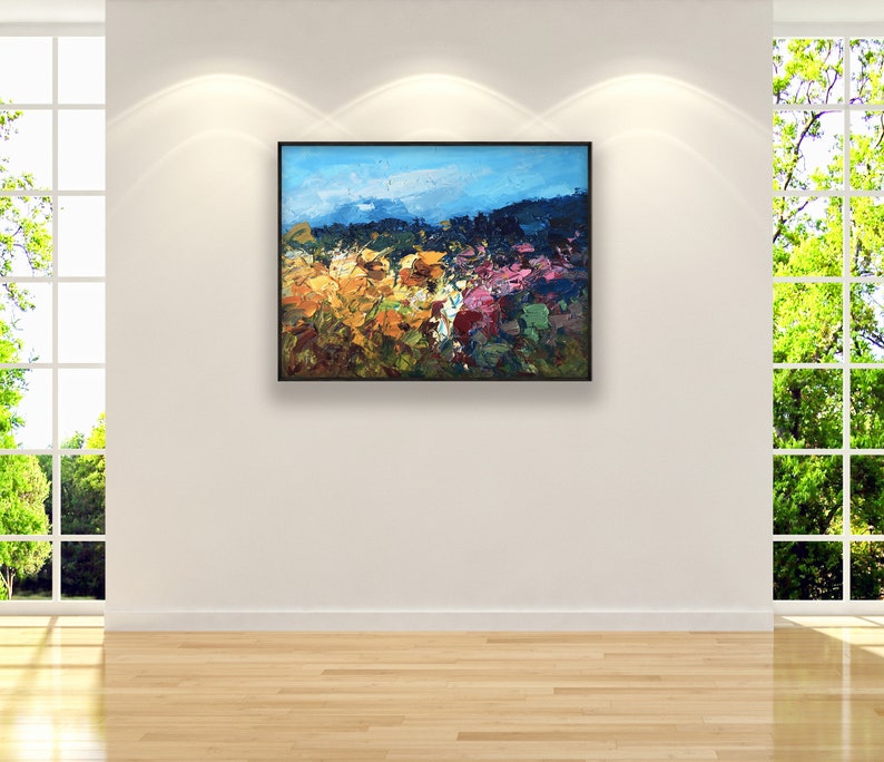 Landscape painting, original oil painting on canvas hanging on a modern wall