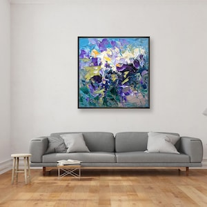 Flowers Painting on Canvas, Original Oil Painting, Modern Abstract Floral Wall Art for Bedroom Wall Decor, Home Decor, Unique Gift for Her displayed in a living room with a gray sofa