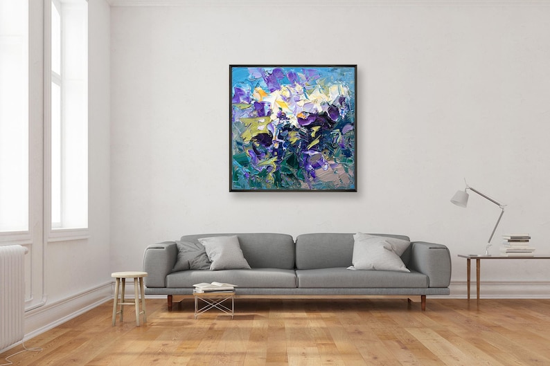 Flowers Painting on Canvas, Original Oil Painting, Modern Abstract Floral Wall Art for Bedroom Wall Decor, Home Decor, Unique Gift for Her displayed in a living room with a gray sofa