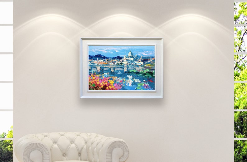 Rome Painting on Canvas, Original Oil Painting, Modern Italy Painting of Vatican City for Room, Home Decor and Unique Gift Idea displayed in a living room with a white sofa
