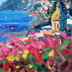 Original hand-painted oil painting on canvas close-up showing thick impasto texture and palette knife brushstrokes, with vibrant pink flowers in the foreground, deep blue sea, and colorful Positano cliffside village in the background.