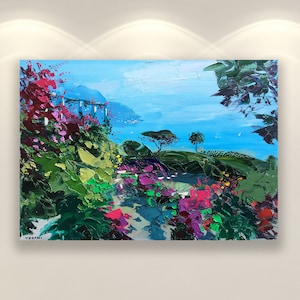 Impressions d&#39;art mural Ravello, côte amalfitaine, art mural sur toile, art italien, art paysage marin, art mural floral, art moderne, décoration murale de salon, cadeau