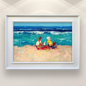 Beach Oil Painting on Canvas, Original Textured Art of Children Playing, Coastal Nursery Wall Decor, Ocean Scene for Home, Unique Gift Idea