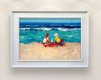 Beach Painting on Canvas, Original Art, Painting of Children on the Beach, Kids Art, Sea Painting, Impressionist Art, Nursery Wall Art, Gift