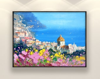 Positano Painting on Canvas, Original Art, Impressionist Italy Art, Seascape Painting, Living Room Wall Art, Large Art, Anniversary Gift