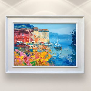 Portofino Italy Painting on Canvas, Original Painting, Italy Wall Art, Modern Art, Seascape Painting, Living Room Wall Decor, Home Decor image 1