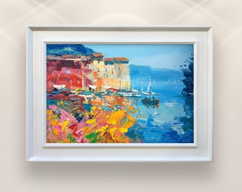 Portofino Italy Painting on Canvas, Original Painting, Italy Wall Art, Modern Art, Seascape Painting, Living Room Wall Decor, Home Decor