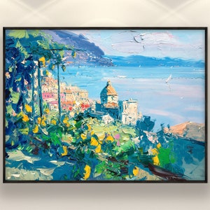 Positano Painting on Canvas, Original Art, Amalfi Coast, Lemon Trees, Modern Wall Art, Italian Painting, Living Room Wall Decor, Large Art