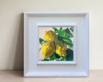 Lemon Painting on Canvas, Original Art, Citron Painting, Yellow Fruits Painting, Lemon Art, Kitchen Wall Art, Small Painting, Gift for Her