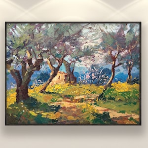 Olivenbäume Malerei auf Leinwand, Originalgemälde, Landschaftsmalerei, Toskana Malerei, impressionistische Kunst, Wohnzimmer Wandkunst, großes Bild