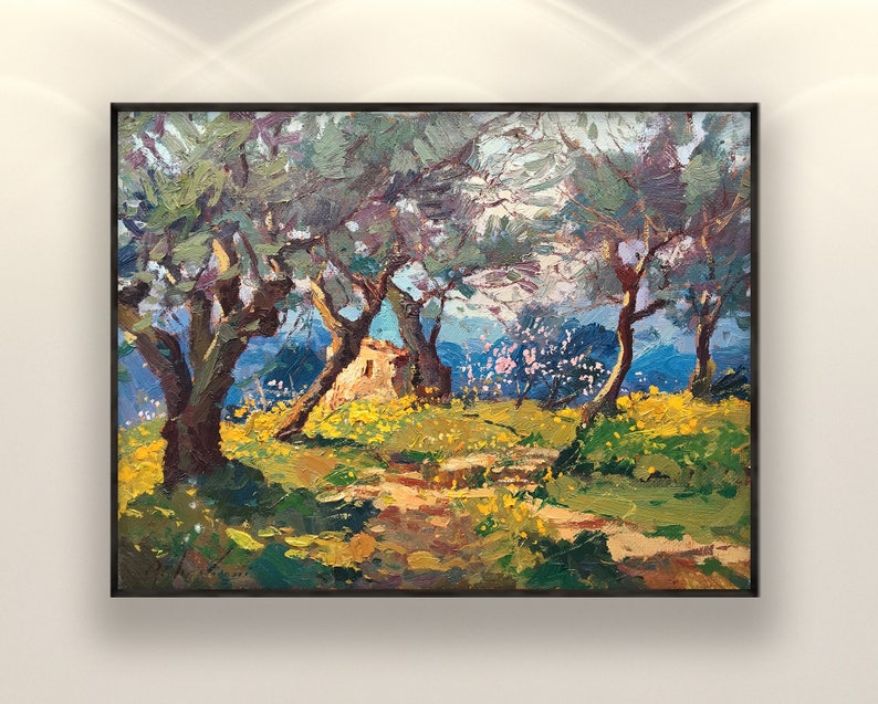 Olive Trees painting, original oil painting on canvas, hanging on a modern wall