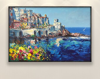 Amalfi Painting on Canvas, Original Painting, Oil Painting, Italy Painting, Seascape Painting, Modern Art, Living Room Wall Art, Home Decor