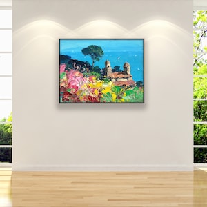 Ravello Flower Terrace Oil Painting, original hand-painted artwork displayed in a modern interior, framed piece shown on a light wall with a seating area.