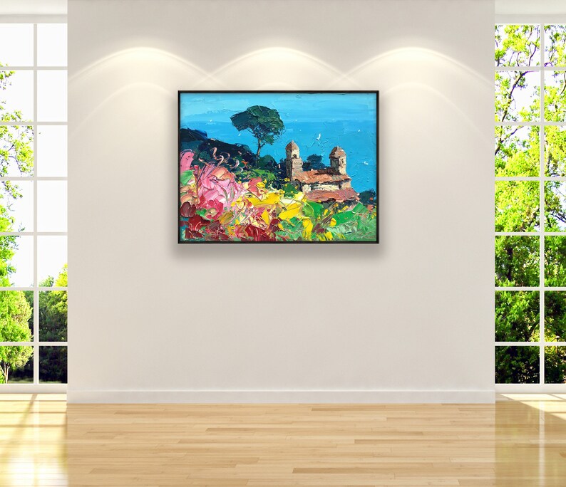 Ravello Flower Terrace Oil Painting, original hand-painted artwork displayed in a modern interior, framed piece shown on a light wall with a seating area.