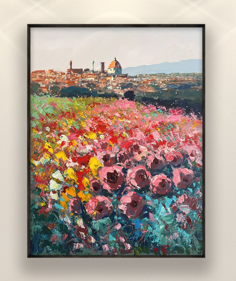 Florence, peinture sur toile, peinture à l'huile, oeuvre d'art originale, art mural floral, art mural paysage urbain, art mural Italie, art mural moderne, cadeau pour elle image 2