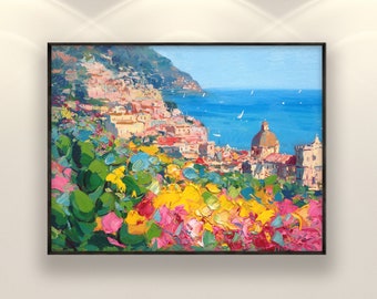 Positano Painting on Canvas, Original Art, Amalfi Coast, Seascape Painting, Italy Painting, Impressionist Art, Wall Painting, Large Painting