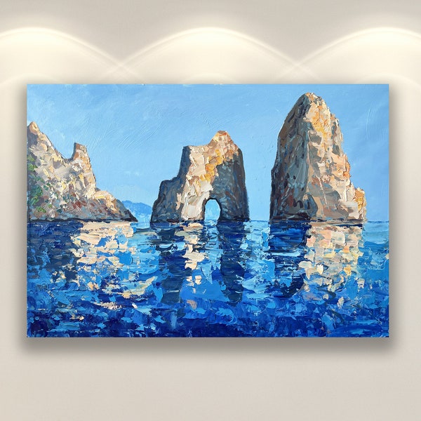 Île de Capri, oeuvre d'art originale, impression de l'Italie, impression de paysage marin, texturé, art impressionniste, art mural de salon, cadeau