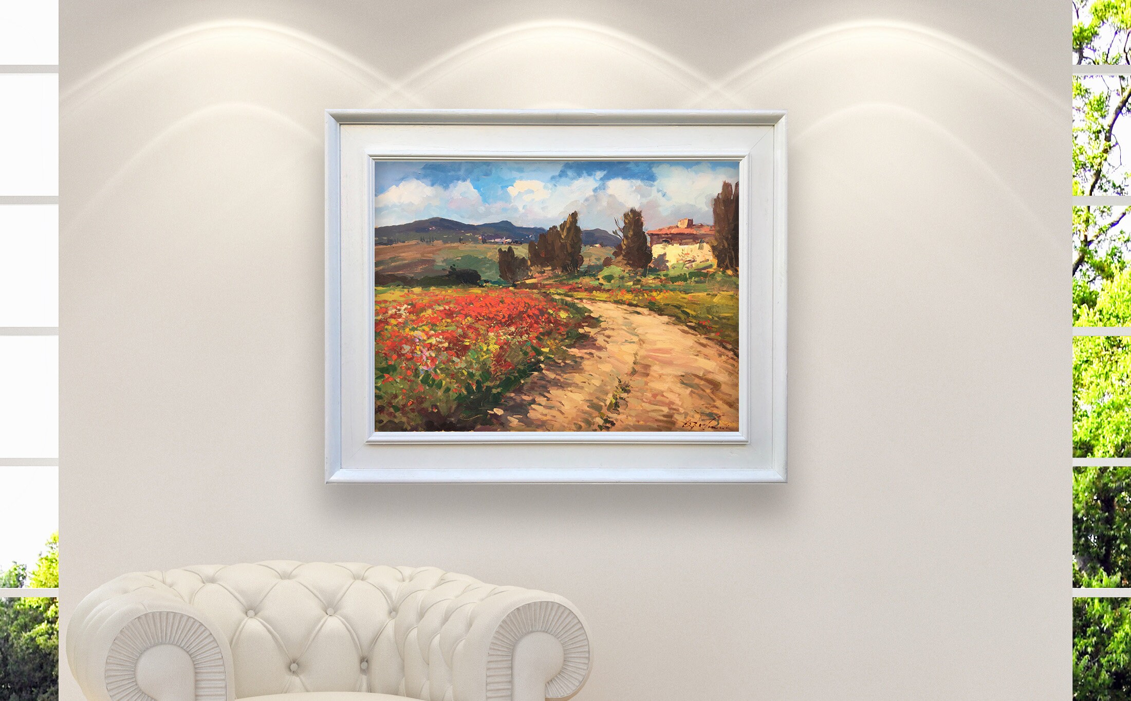 トスカーナの風景画（キャンバスに油絵）、現代印象派の赤いケシ畑