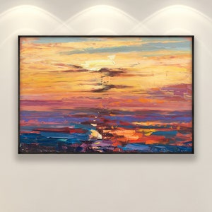 Orange Sunset Painting on Canvas, Original Art, Ocean Painting, Impressionist Art, Modern Art, Living Room Wall Decor, Large Wall Art, Gift