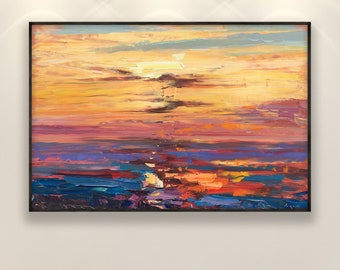 Pittura al tramonto arancione su tela, arte originale, pittura oceanica, arte impressionista, arte moderna, decorazione della parete del soggiorno, grande arte da parete, regalo