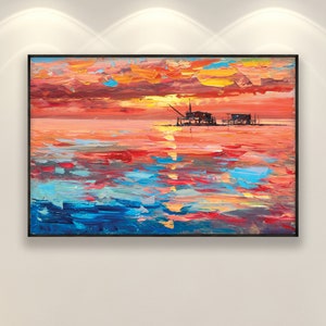 Sunset Painting on Canvas, Original Art, Seascape Painting, Orange Ocean Painting, Large Painting, Impressionist Art, Living Room Decor