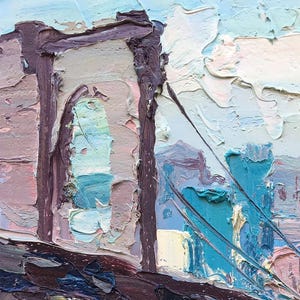 A detail of the Brooklyn Bridge oil painting with thick brushstrokes in shades of blue, brown, and pink. The bridge is painted in a stylized way, with the focus on the structure and the texture of the paint.