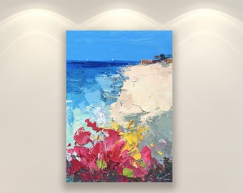 Beach Art, Wall Art Print, Ocean Art, Pink Flowers Art, Seascape Art, Coastal Art, Art Print, Floral Art, Bedroom Wall Art, Wall Decor Art