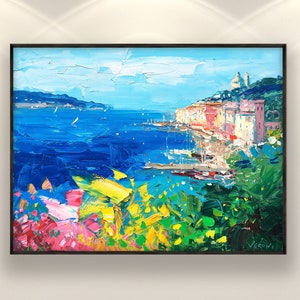 Portovenere painting, original oil painting on canvas hanging in a modern living room