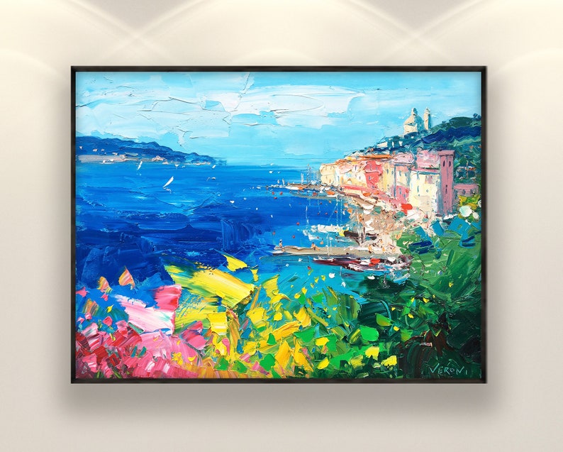 Portovenere painting, original oil painting on canvas hanging in a modern living room