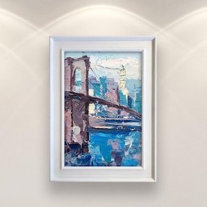 Original hand-painted Brooklyn Bridge Oil Painting on Canvas, modern New York cityscape framed and displayed on a wall