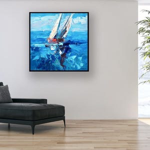 Sailboats painting, original oil painting on canvas hanging in a modern living room with a black sofa and home decor
