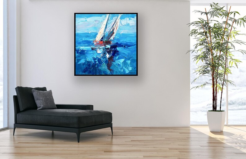 Sailboats painting, original oil painting on canvas hanging in a modern living room with a black sofa and home decor