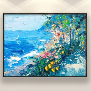 Positano Painting on Canvas with Lemon Trees, Original Art, Seascape Painting of Amalfi Coast, Impressionist Art, Large Art for Room, Gift