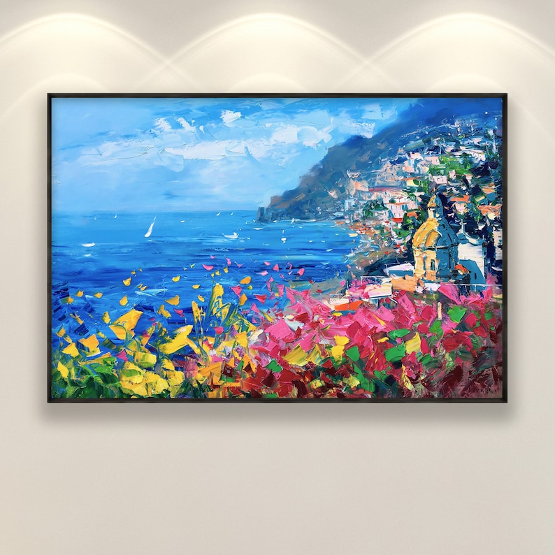 Positano Painting on Canvas, Original Art, Amalfi Coast, Seascape Painting, Impressionist Art, Living Room Decor, Large Wall Art, Gift Ideas image 1