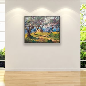 Olive Trees painting, original oil painting on canvas, hanging on a modern wall