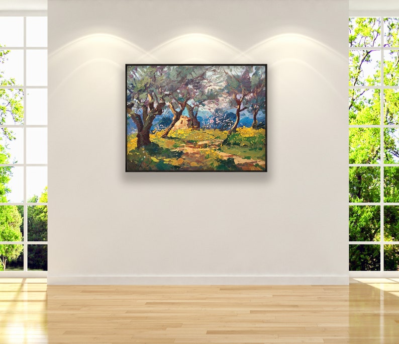Olive Trees painting, original oil painting on canvas, hanging on a modern wall