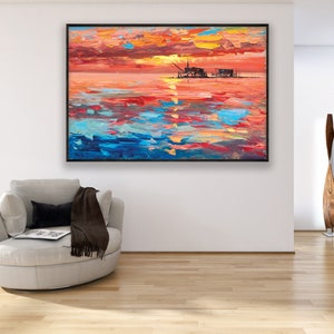 Sunset Painting on Canvas, Original Art, Seascape Painting, Orange ...