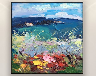 Origineel Toscaans landschapsolieverfschilderij op canvas, lentelandschap muurkunst decor