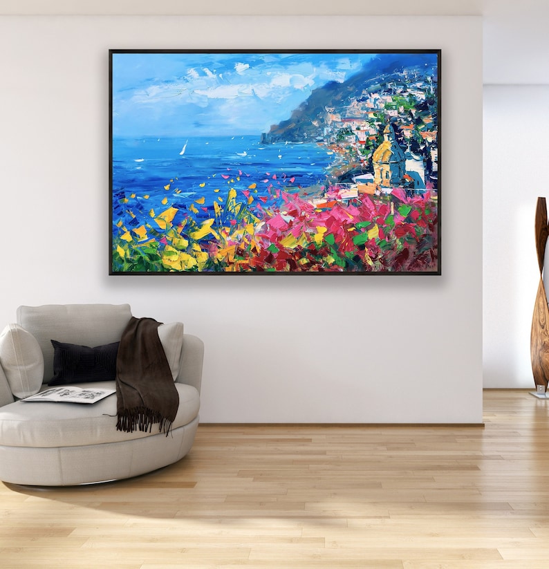 Positano Painting on Canvas, Original Art, Amalfi Coast, Seascape Painting, Impressionist Art, Living Room Decor, Large Wall Art, Gift Ideas image 2