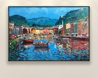 Peinture sur toile Portofino, peinture originale, peinture italienne, peinture de paysage marin, peinture impressionniste, oeuvre d'art murale de salon, grand oeuvre d'art