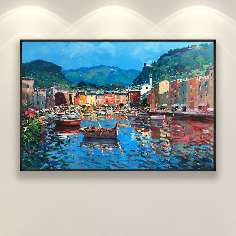 Portofino Painting on Canvas, Original Painting, Italy Painting, Seascape Painting, Impressionist Painting, Living Room Wall Art, Large Art image 1